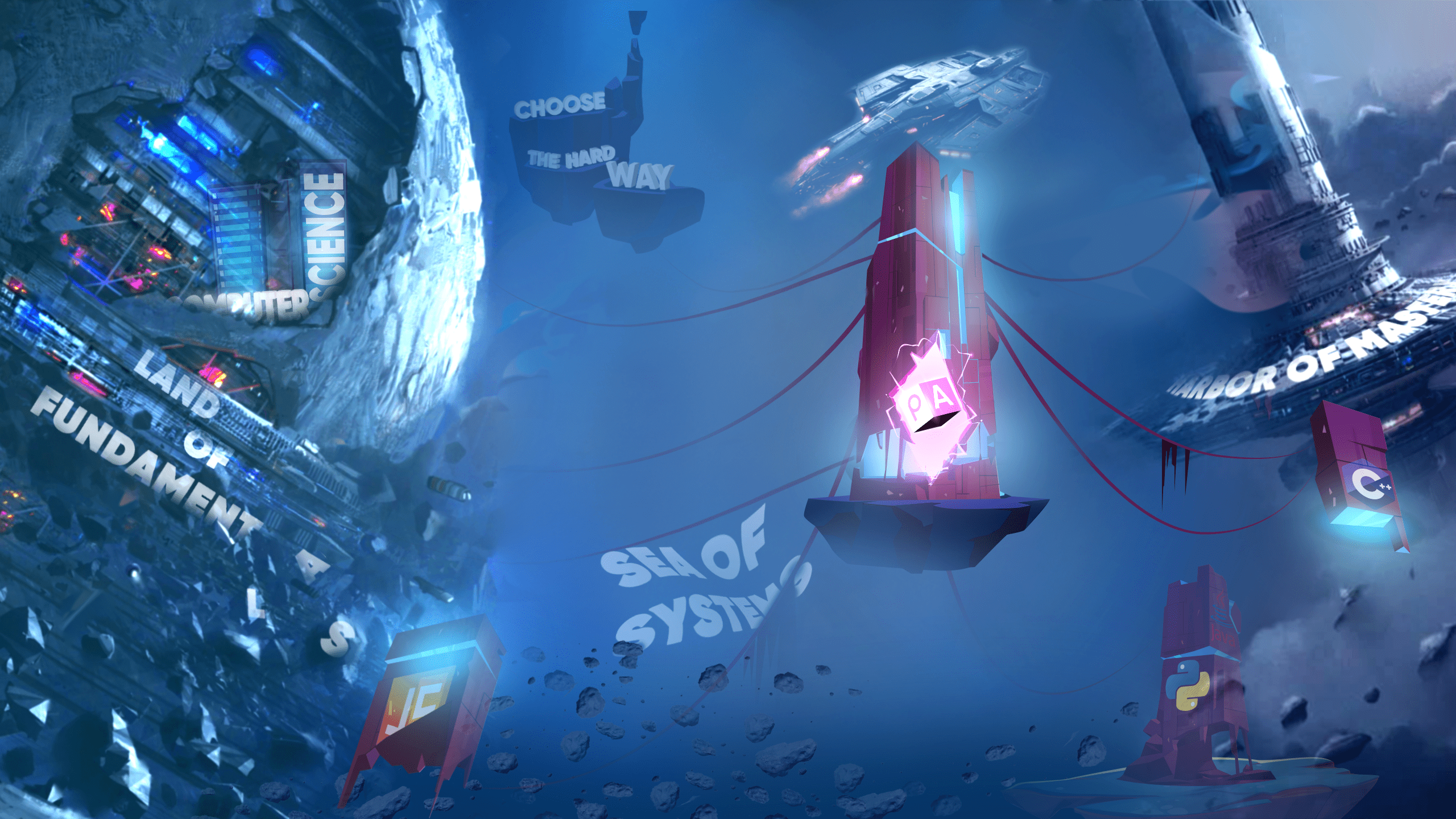 Futuristic digital landscape with floating islands labeled 'Computer Science', 'Land of Fundamentals', and 'Harbor of Mastery', surrounded by spaceships, floating text messages, and digital towers.
